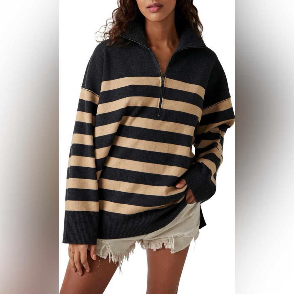 Free People Black and Tan Striped Half-Zip Sweater